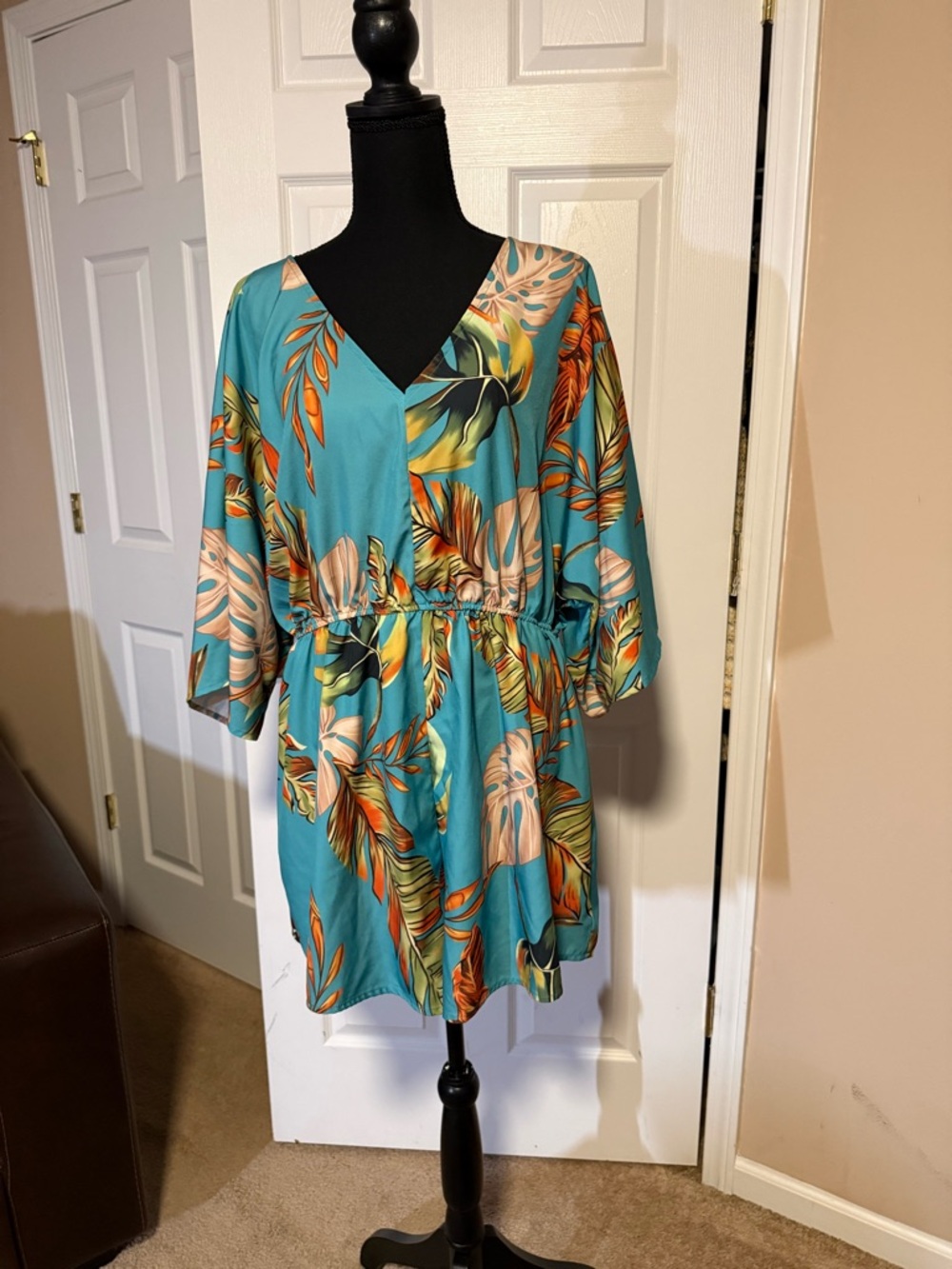 Tropical Teal V-Neck Cinched Waist Short Dress